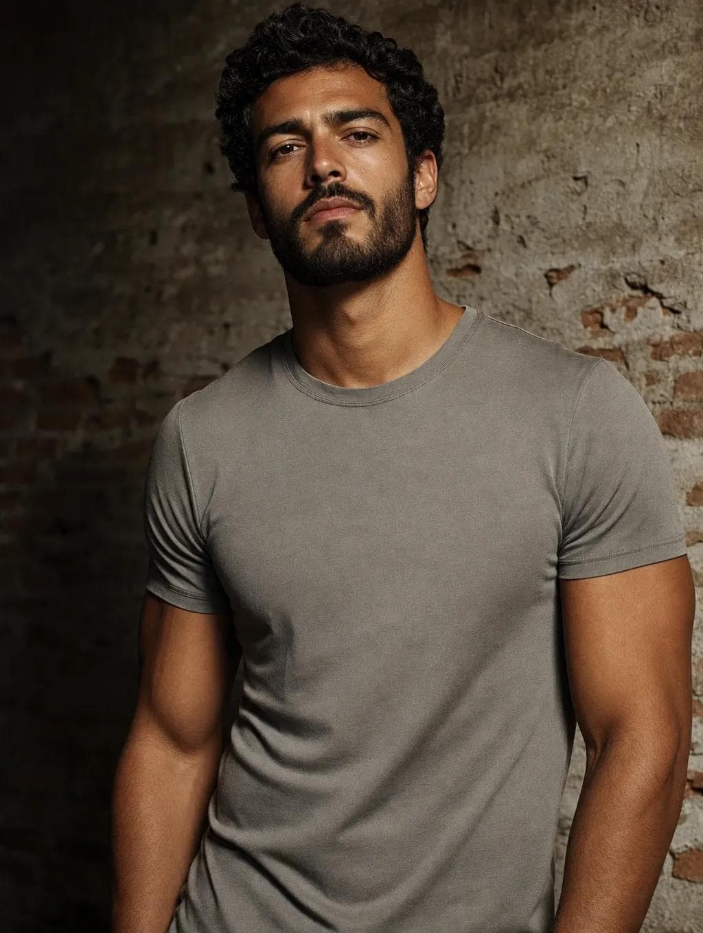 Homem com camiseta ajustada em parede de concreto — departamento Camisetas